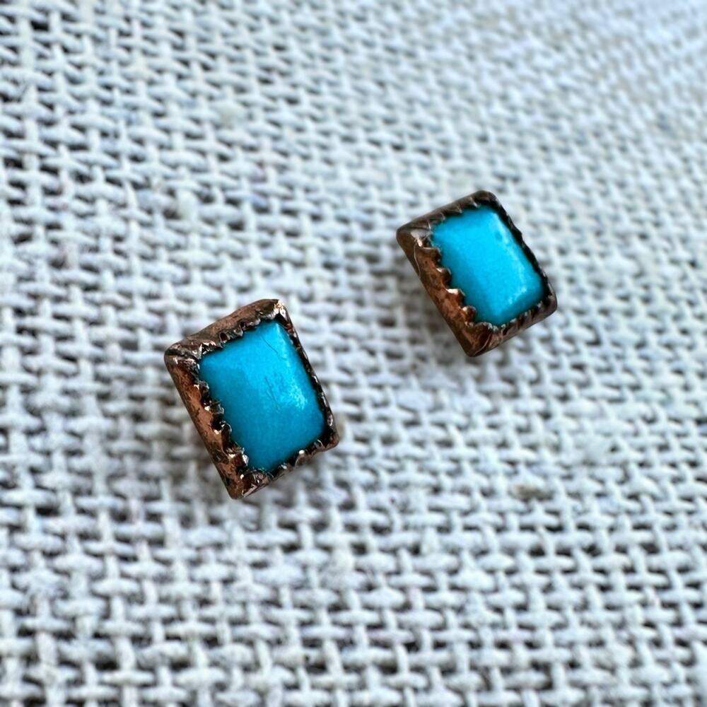 Turquoise Copper Stud Earrings Vintage Southwest Native Style Small Rectangle